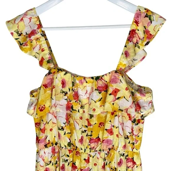 LAUREN CONRAD Midi Dress Ruffles Sleeveless Floral Yellow Pink Green Women L - Picture 4 of 11